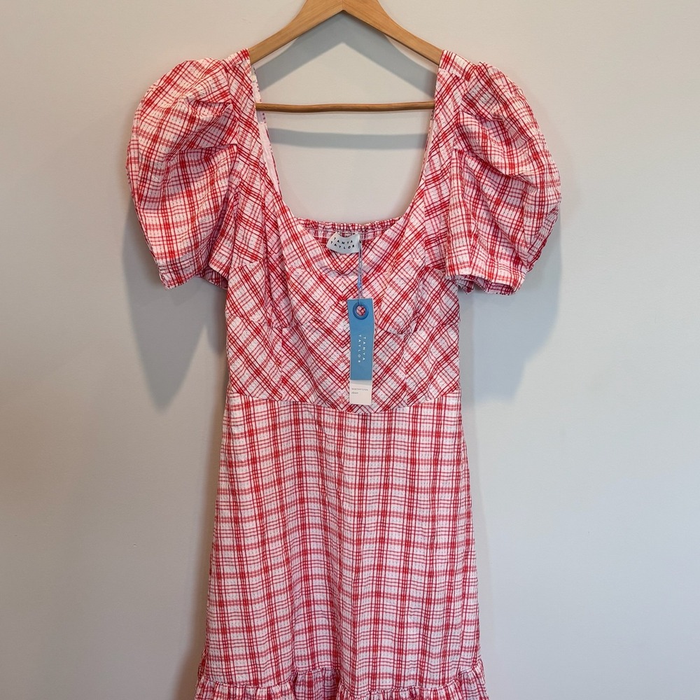 Tanya Taylor Pink and White Plaid Puff-Sleeve Midi Dress - Picture 2 of 7